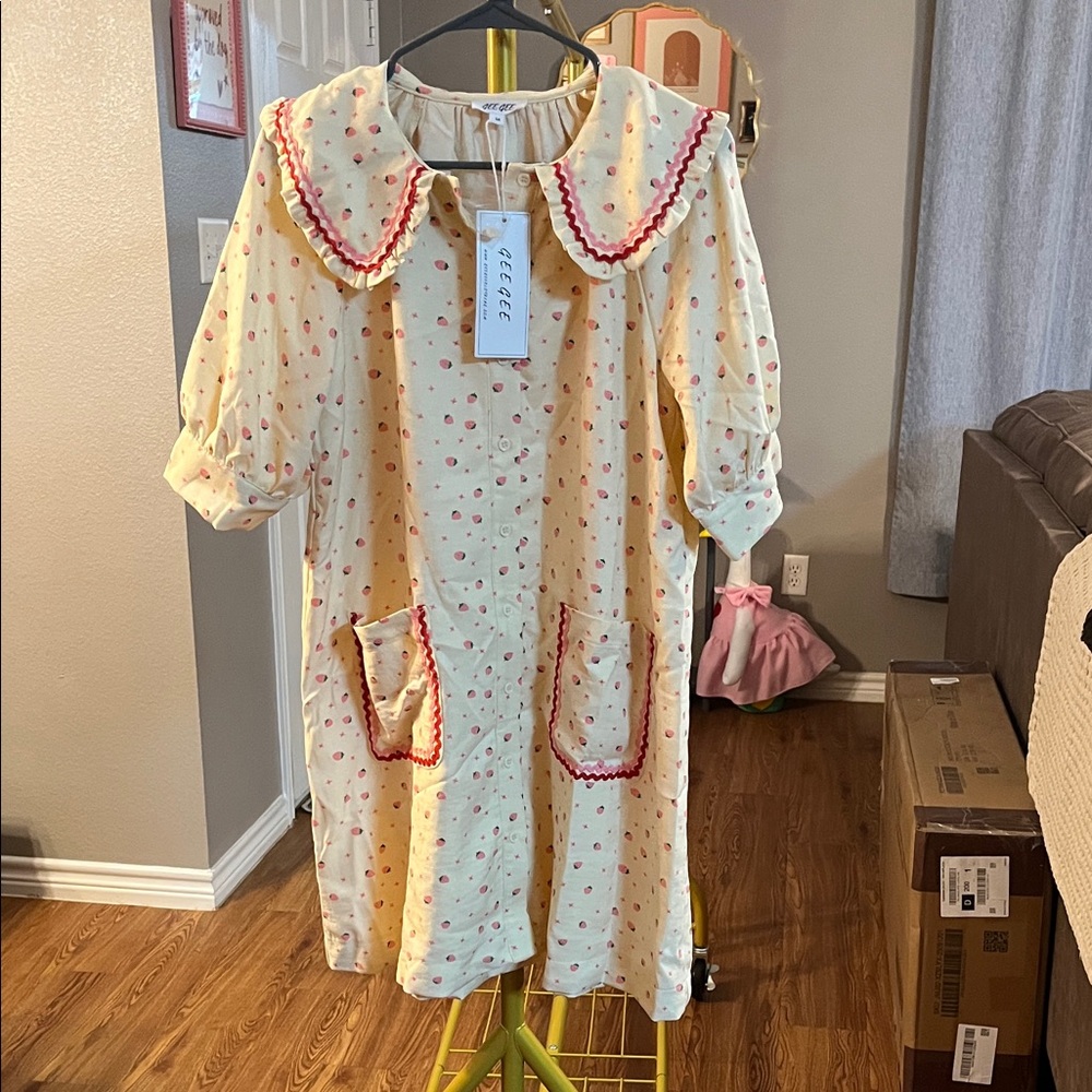 Cream Mini Dress with Pink Strawberry Print and Scalloped Collar